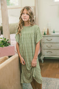 LITTLE LATES DRESS -Green & Cream Vertical Stripe