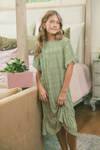 Little Lates Dress | Green & Cream Vertical Stripe