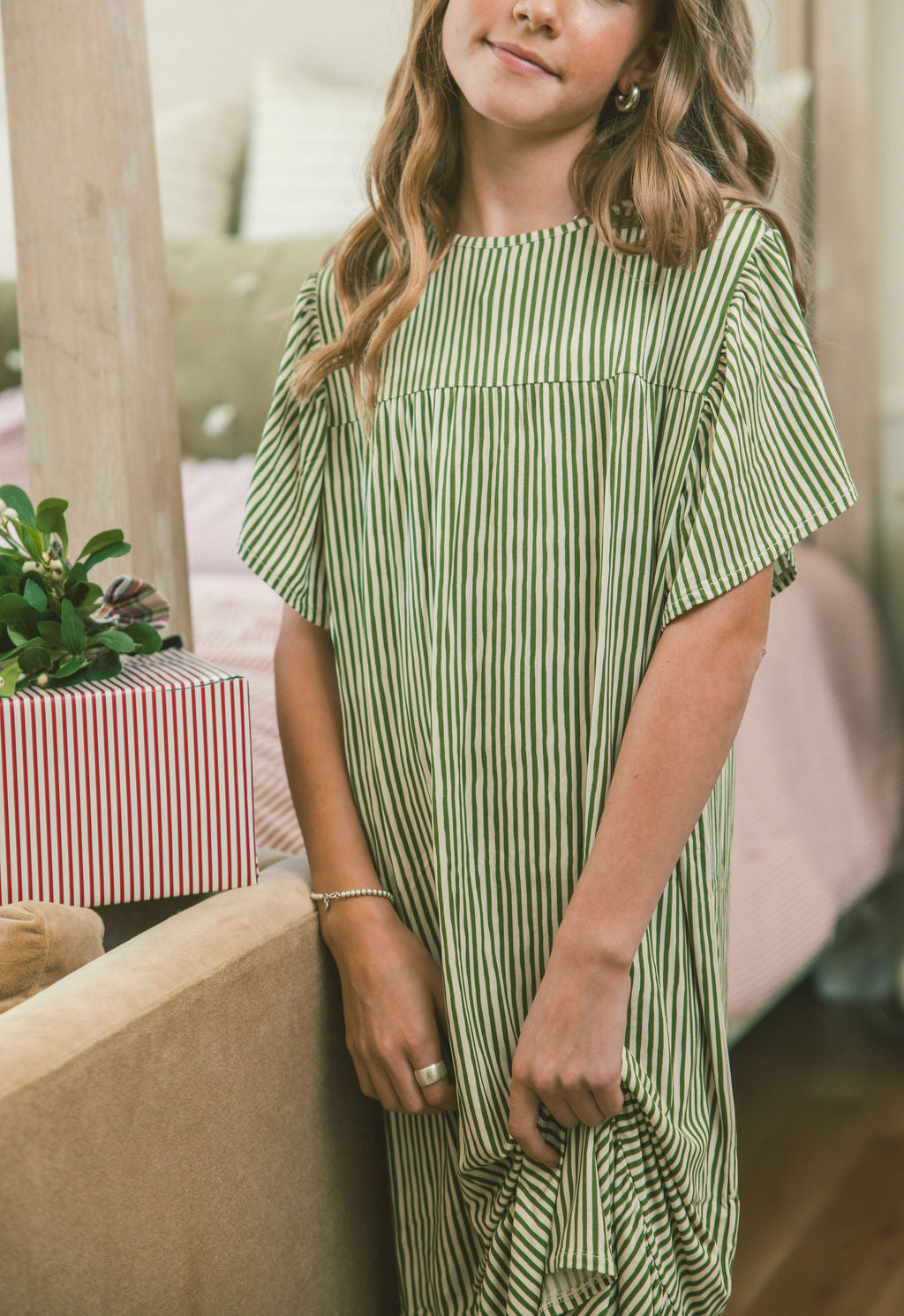 LITTLE LATES DRESS -Green & Cream Vertical Stripe