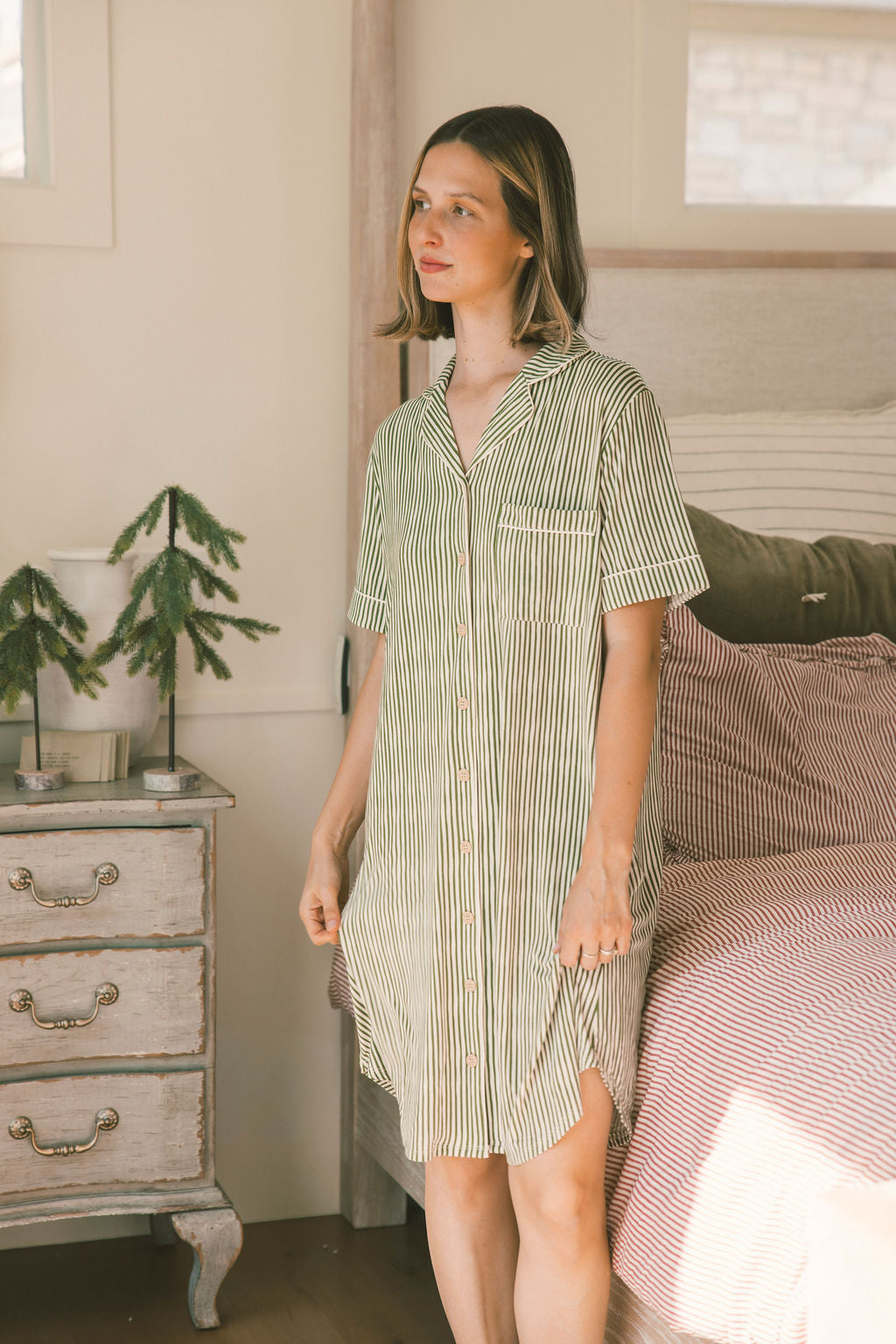 DREAM DRESS -Green & Cream Vertical Stripe