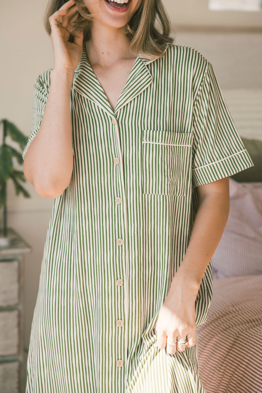 DREAM DRESS -Green & Cream Vertical Stripe