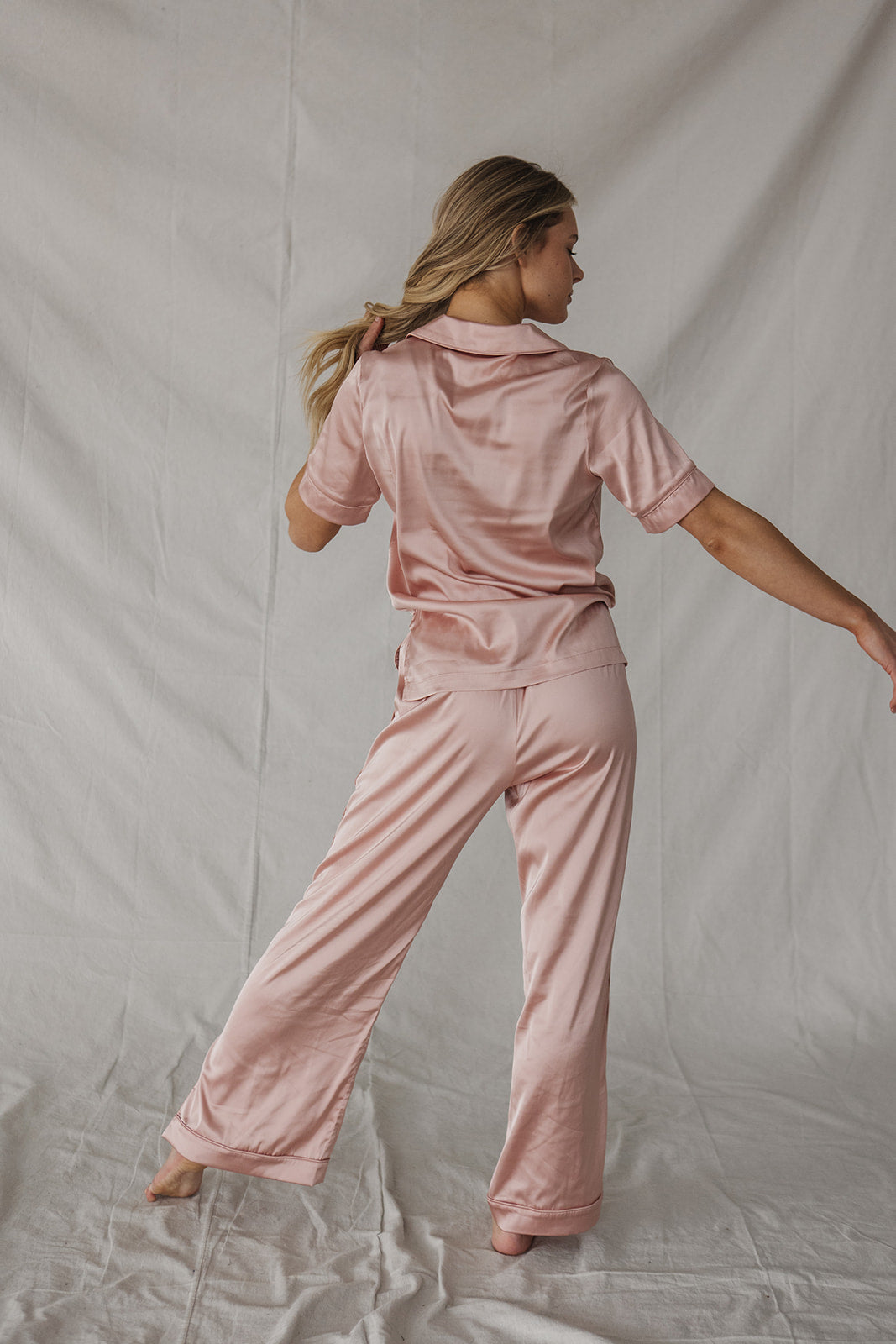 Satin Pajama Set | Misty Rose Short Sleeve