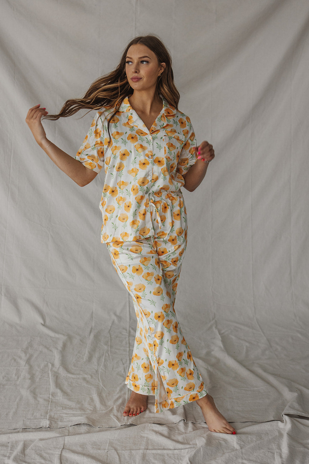 Satin Pajama Set | Orange Poppies Short Sleeve