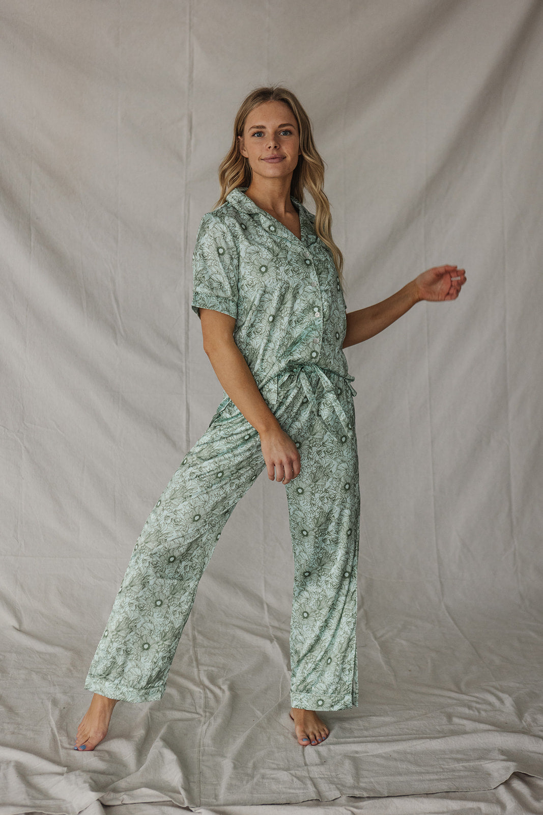 Satin Pajama Set | Mosaic Green Short Sleeve
