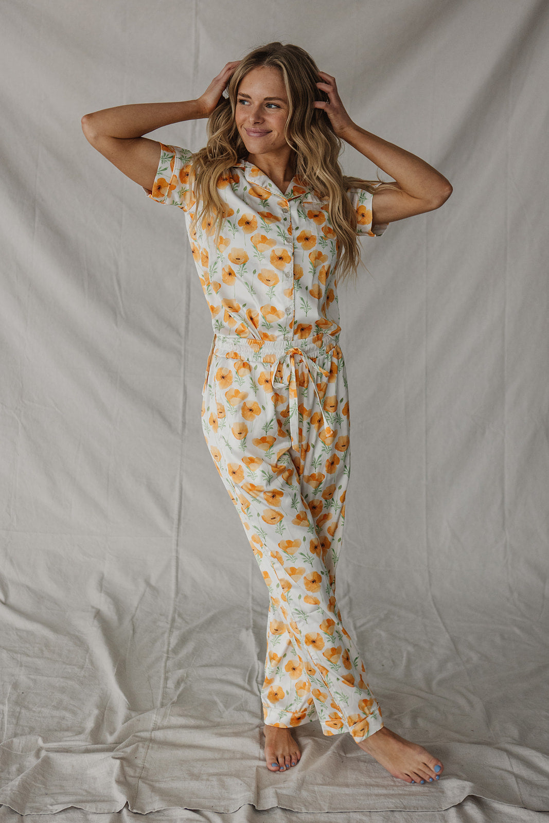 Satin Pajama Set | Orange Poppies Short Sleeve
