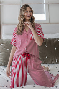 Satin Pajama Set | Mismatch Red Stripe Short Sleeve