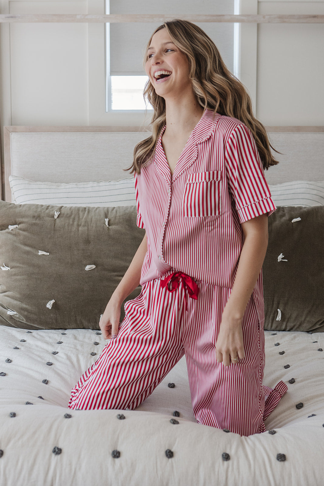 Satin Pajama Set | Mismatch Red Stripe Short Sleeve * FINAL SALE*