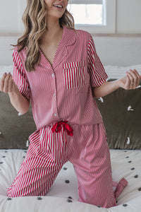 Satin Pajama Set | Mismatch Red Stripe Short Sleeve