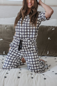 Satin Pajama Set | Black and White Window Pane Short Sleeve
