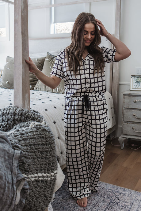 Satin Pajama Set | Black and White Window Pane Short Sleeve