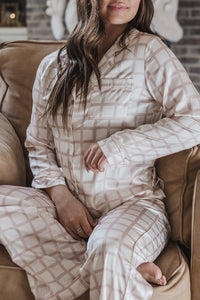 Satin Pajama Set | Taupe Window Pane Long Sleeve