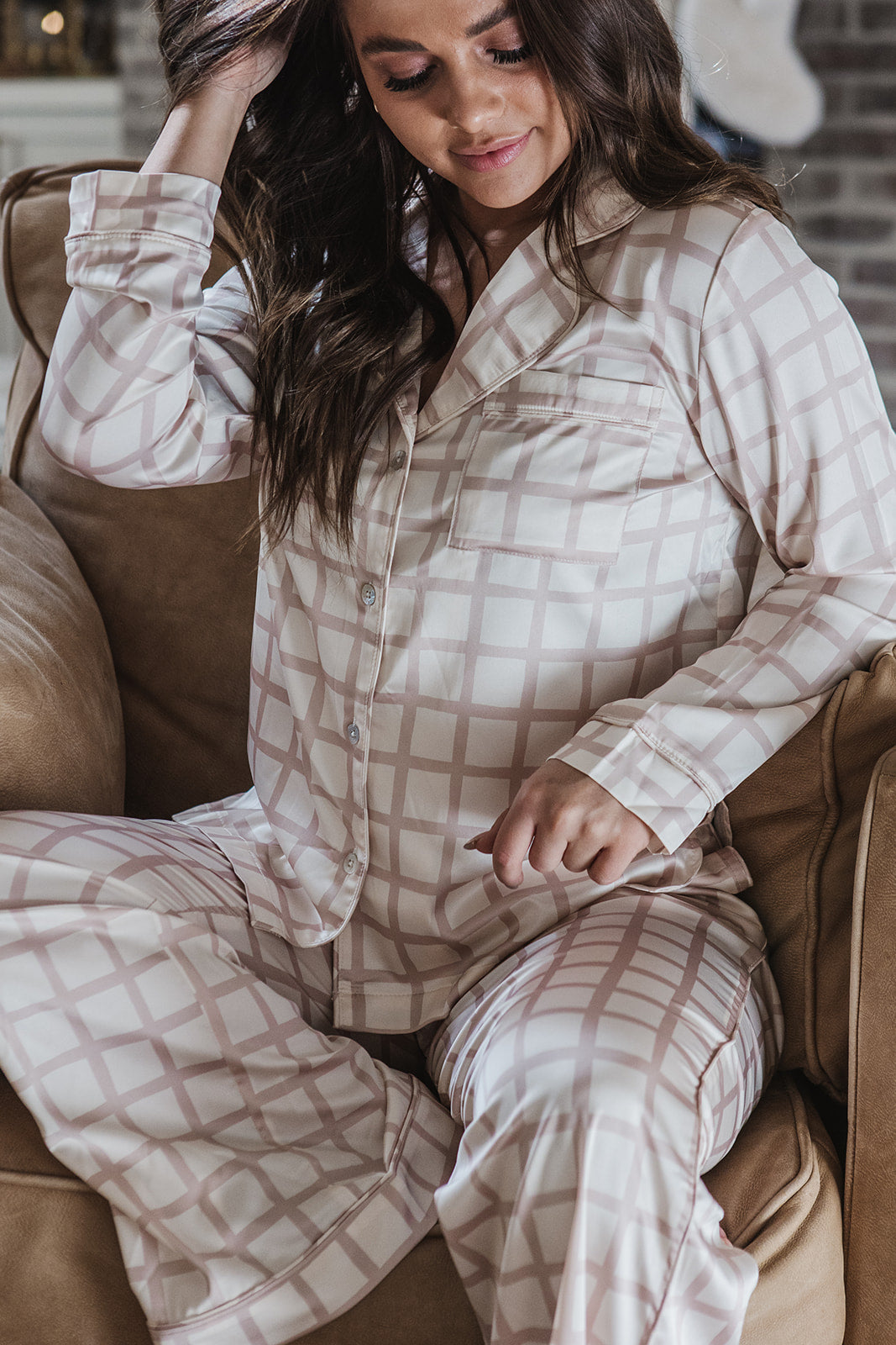 Satin Pajama Set | Taupe Window Pane Long Sleeve * FINAL SALE*