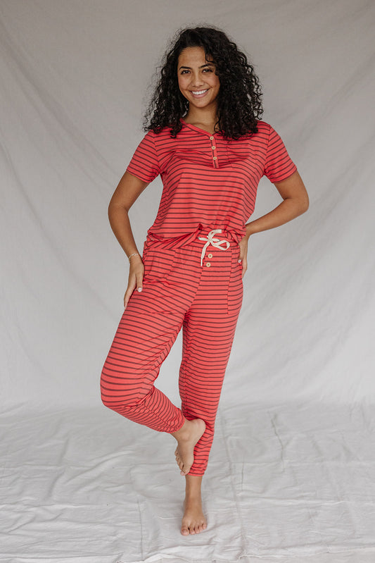 HENLEY PANTS SET SHORT SLEEVE | Hibiscus/Brick Stripe