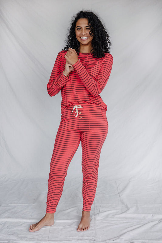 Jam PANTS SET LONG SLEEVE | Hibiscus & Fired Brick Stripe