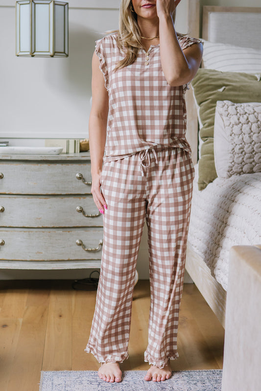 RUFFLE TANK PANT SET MODAL| Tan Checkered