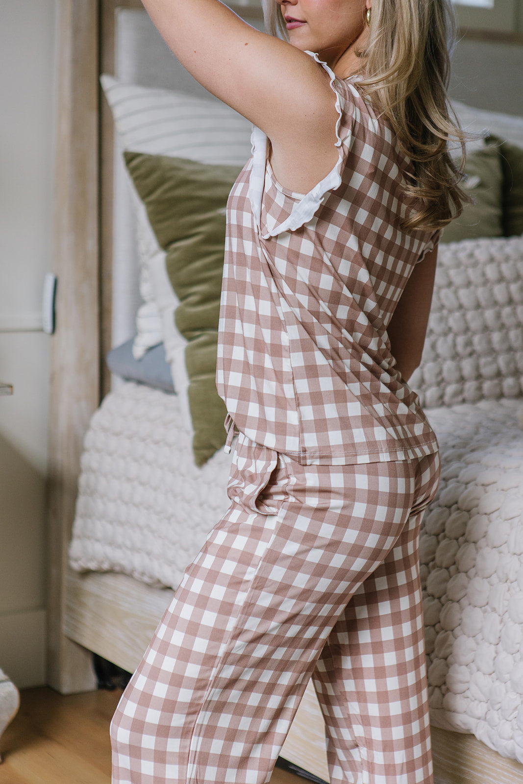 RUFFLE TANK PANT SET MODAL| Tan Checkered
