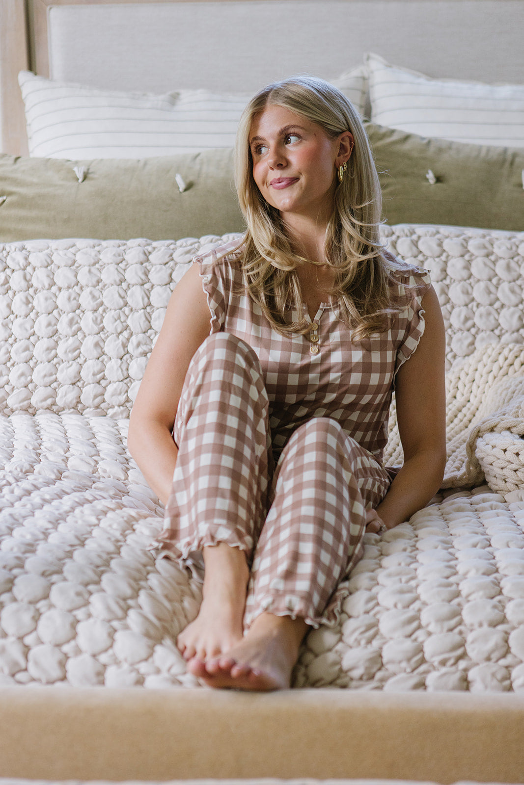 RUFFLE TANK PANT SET MODAL| Tan Checkered