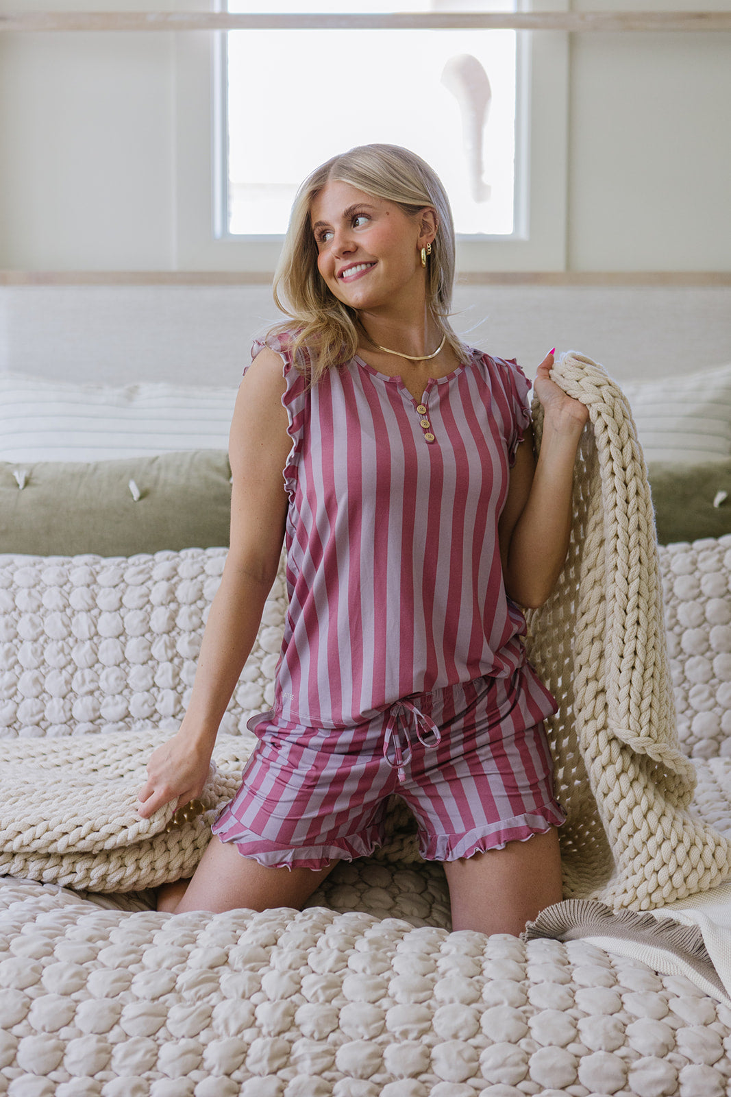 RUFFLE TANK SHORTS SET MODAL|Plum and Petal Vertical Stripe
