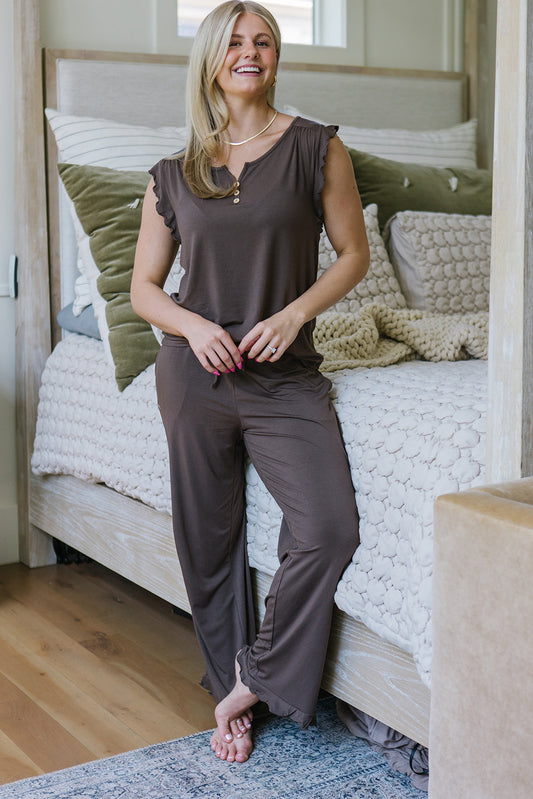 RUFFLE TANK PANT SET MODAL| Chocolate Brown