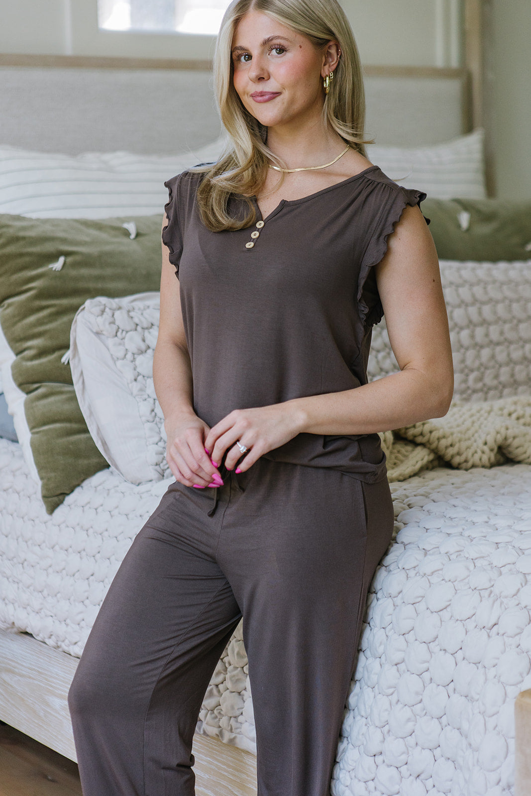 RUFFLE TANK PANT SET MODAL| Chocolate Brown