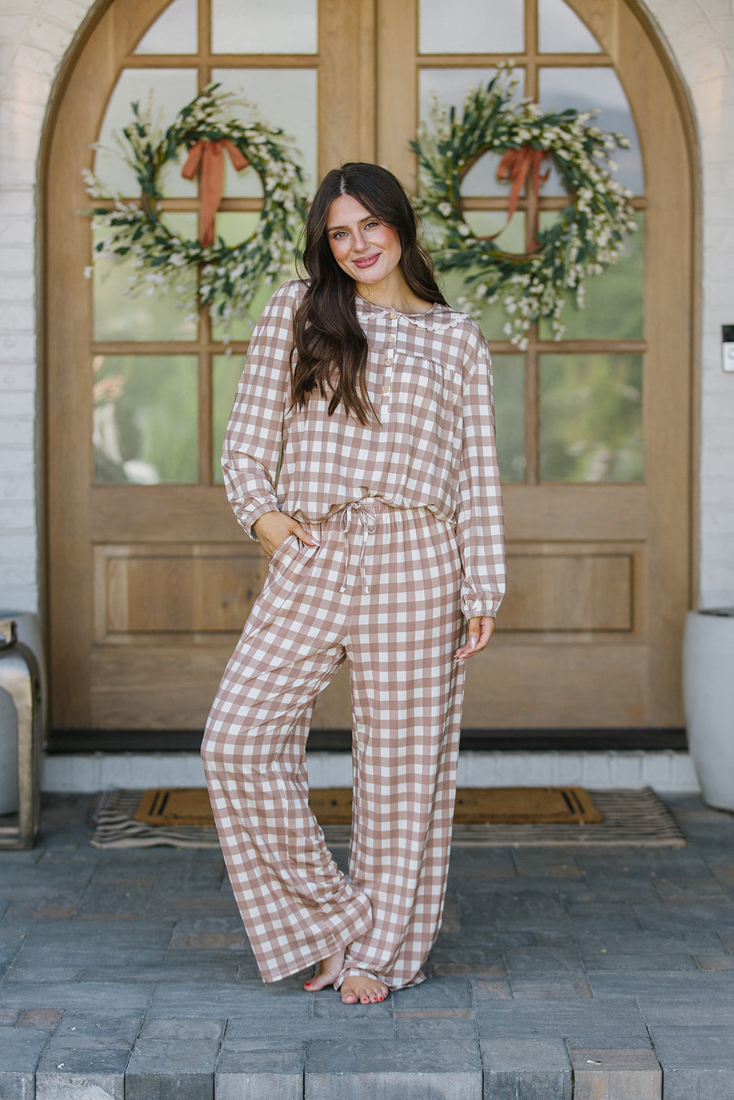 ROUNDED LACE COLLAR SET MODAL-LONG SLEEVE| Tan Checkered