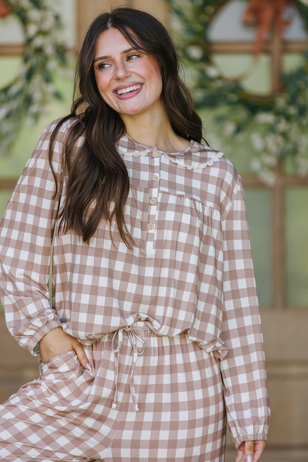 ROUNDED LACE COLLAR SET MODAL-LONG SLEEVE| Tan Checkered