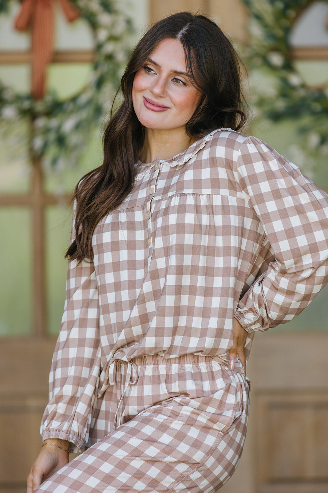 ROUNDED LACE COLLAR SET MODAL-LONG SLEEVE| Tan Checkered
