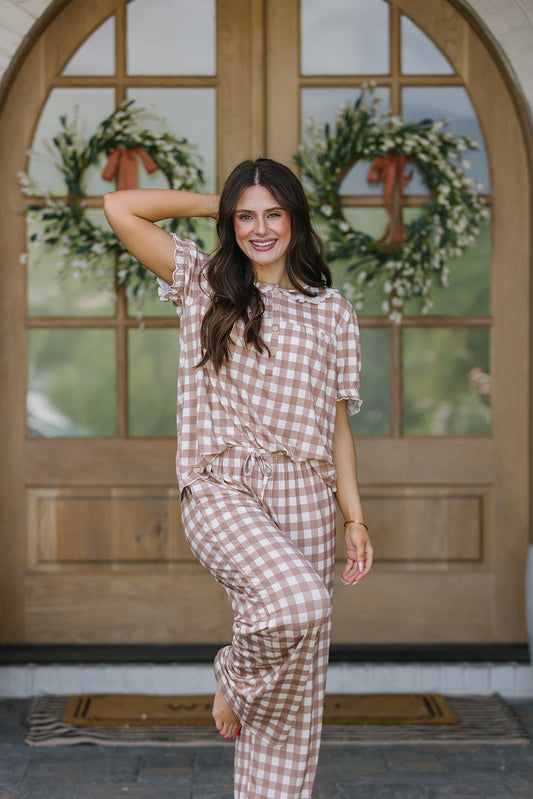 ROUNDED LACE COLLAR SET MODAL - Tan Checkered