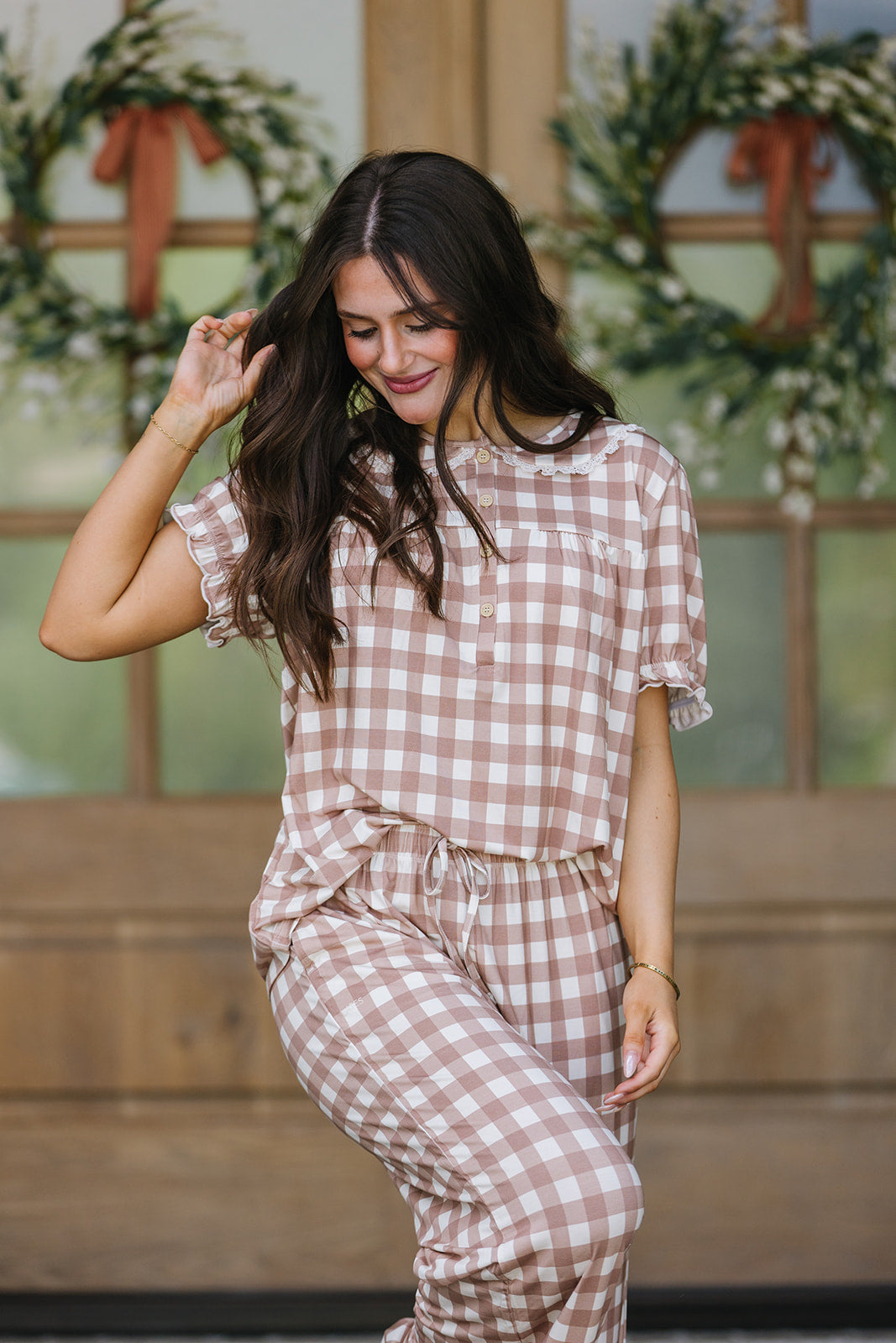 ROUNDED LACE COLLAR SET MODAL - Tan Checkered