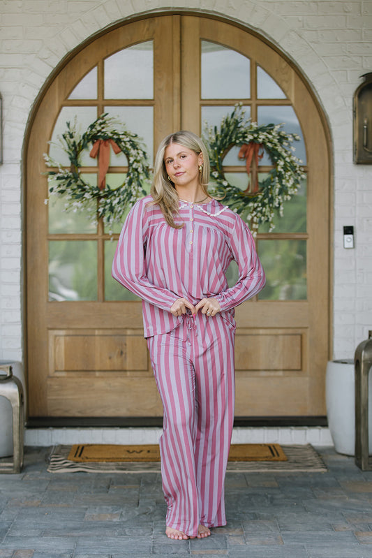 ROUNDED LACE COLLAR  SET MODAL-LONG SLEEVE- Plum and Petal Vertical Stripe