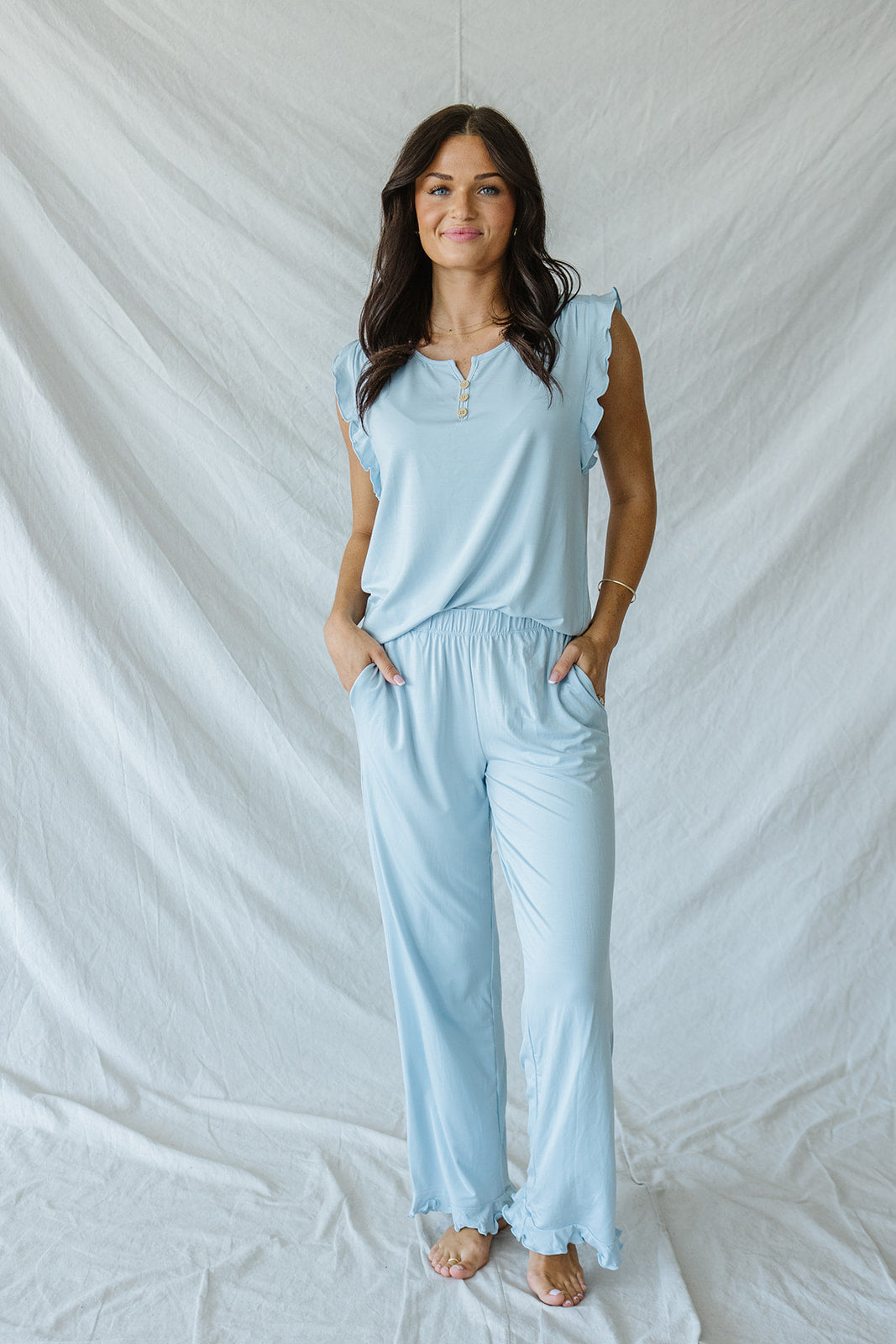 RUFFLE TANK PANT SET MODAL| Ice Blue