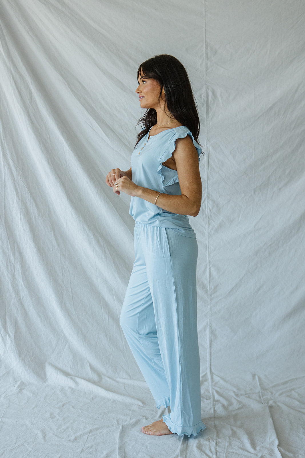 RUFFLE TANK PANT SET MODAL| Ice Blue