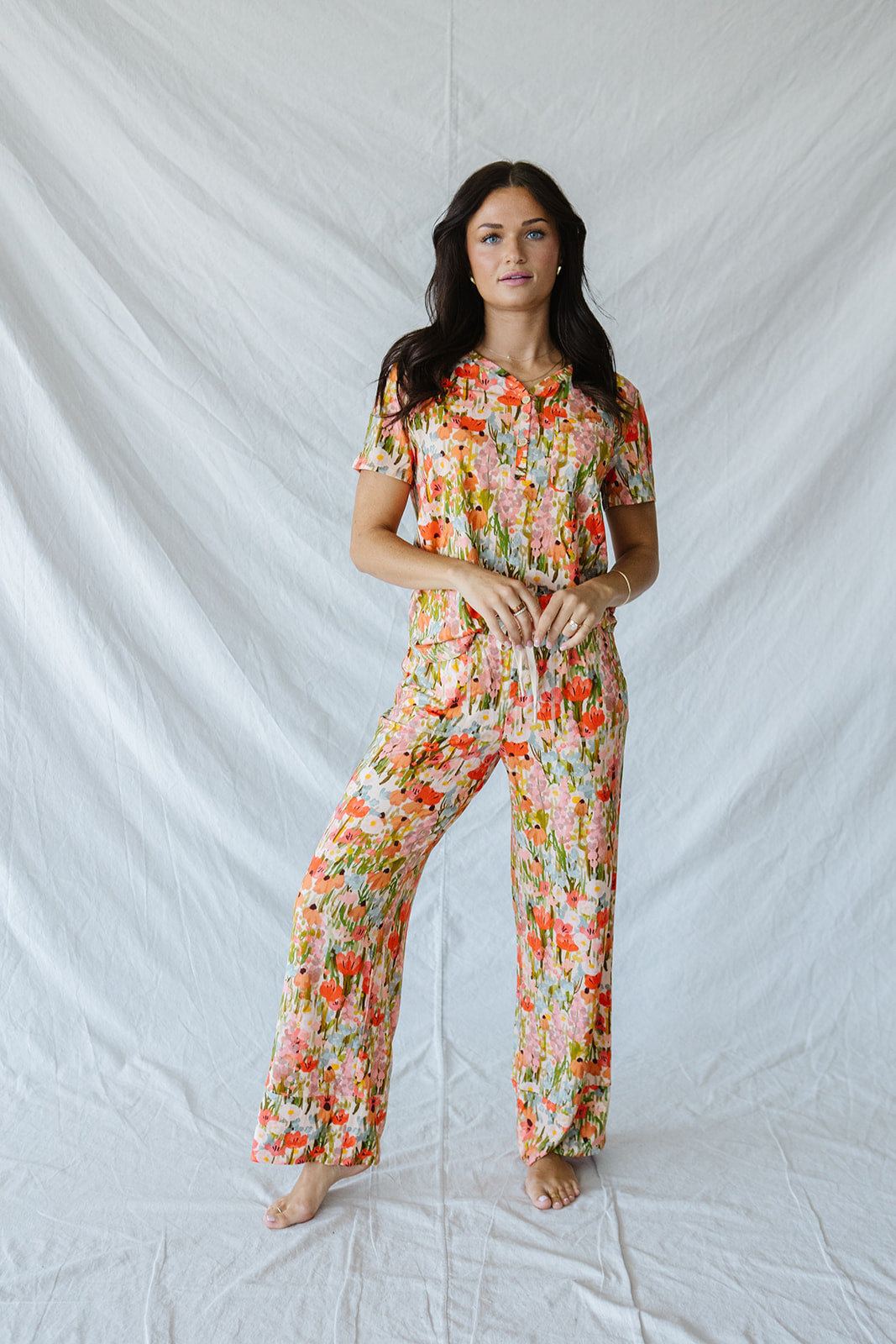 HENLEY STRAIGHT LEG PANTS SET MODAL | Pink Watercolor Floral