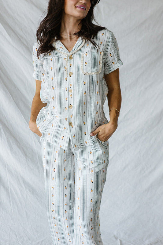 Bamboo Short Sleeve Pant Set |Yellow Floral Blue Stripe