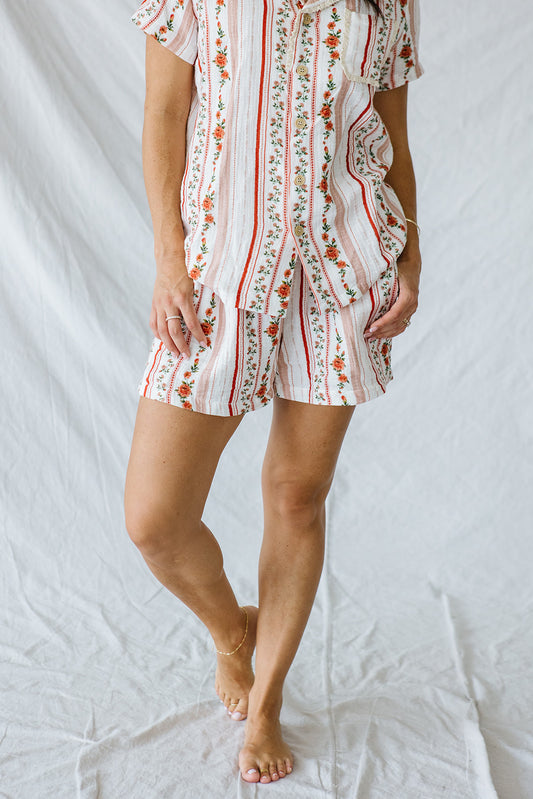 Bamboo Gauze Short Sleeve Shorts Set | Pink Floral Stripe