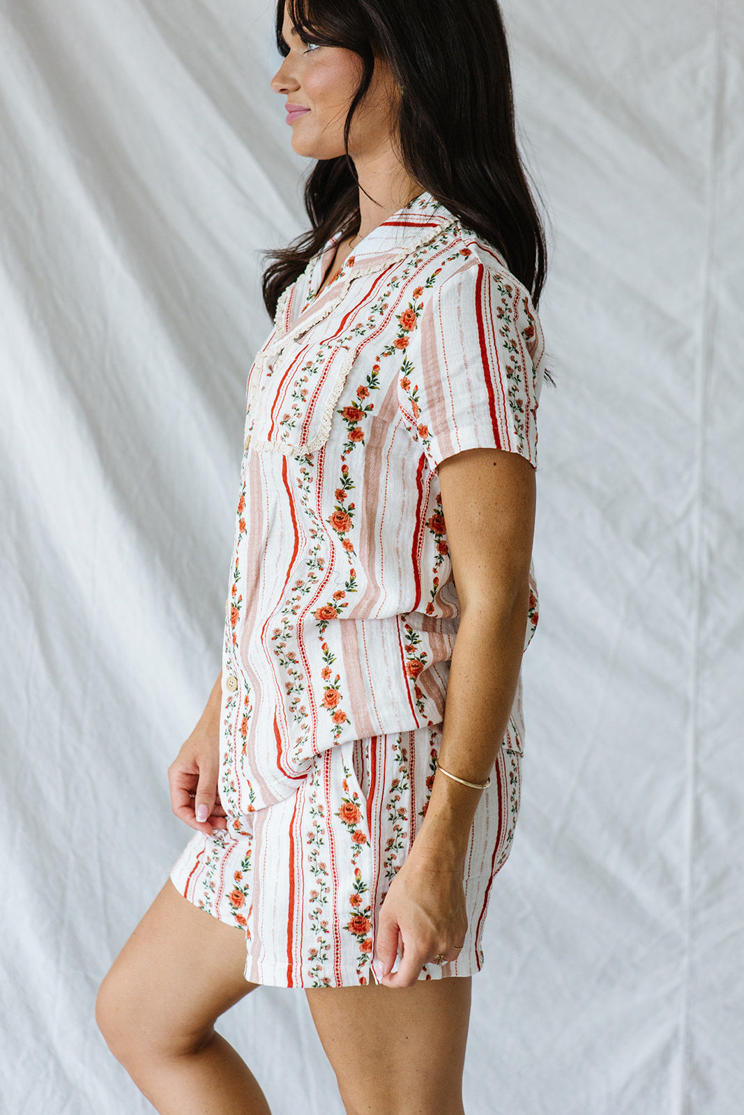 Bamboo Gauze Short Sleeve Shorts Set | Pink Floral Stripe