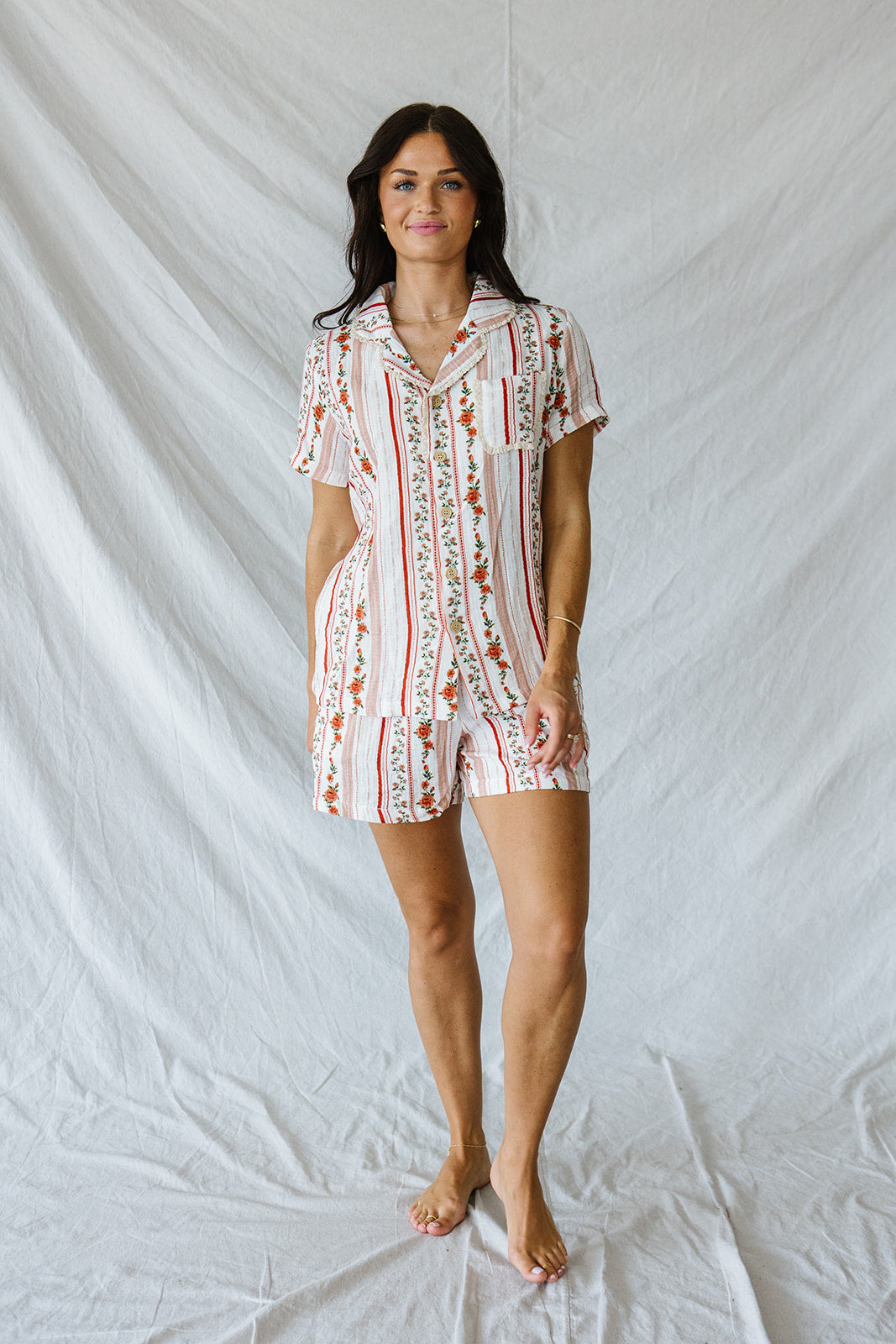 Bamboo Gauze Short Sleeve Shorts Set | Pink Floral Stripe