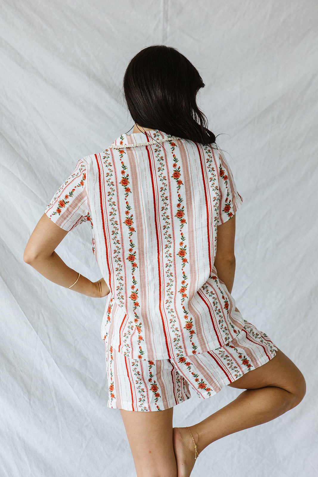 Bamboo Gauze Short Sleeve Shorts Set | Pink Floral Stripe