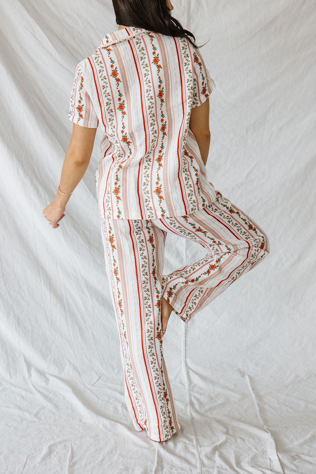 Bamboo Short Sleeve Pant Set |Pink Floral Stripe