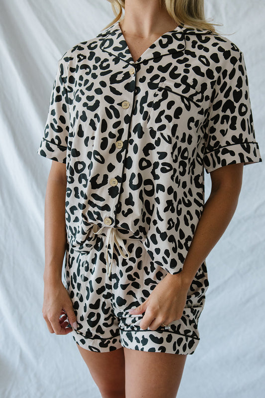 Piped Button-up Shorts Set Modal | Leopard Print