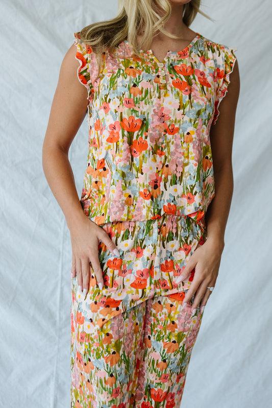 RUFFLE TANK PANT SET MODAL| Pink Watercolor Floral