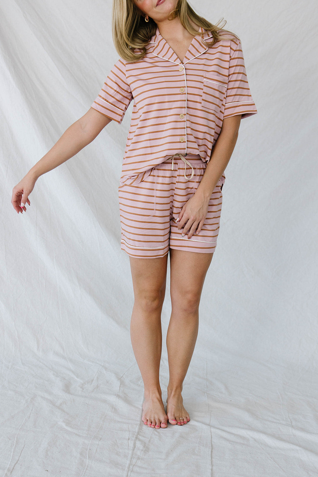 PIPED BUTTON UP SHORTS SET MODAL| Mauve & Maple Pencil Stripe