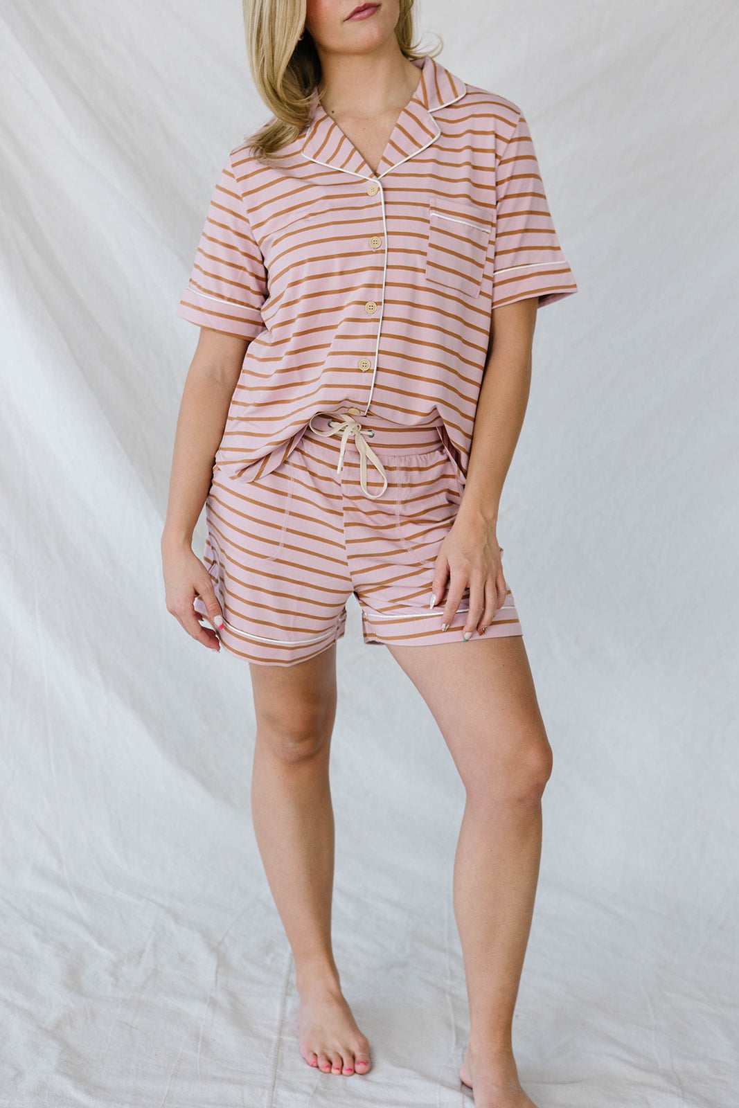 PIPED BUTTON UP SHORTS SET MODAL| Mauve & Maple Pencil Stripe