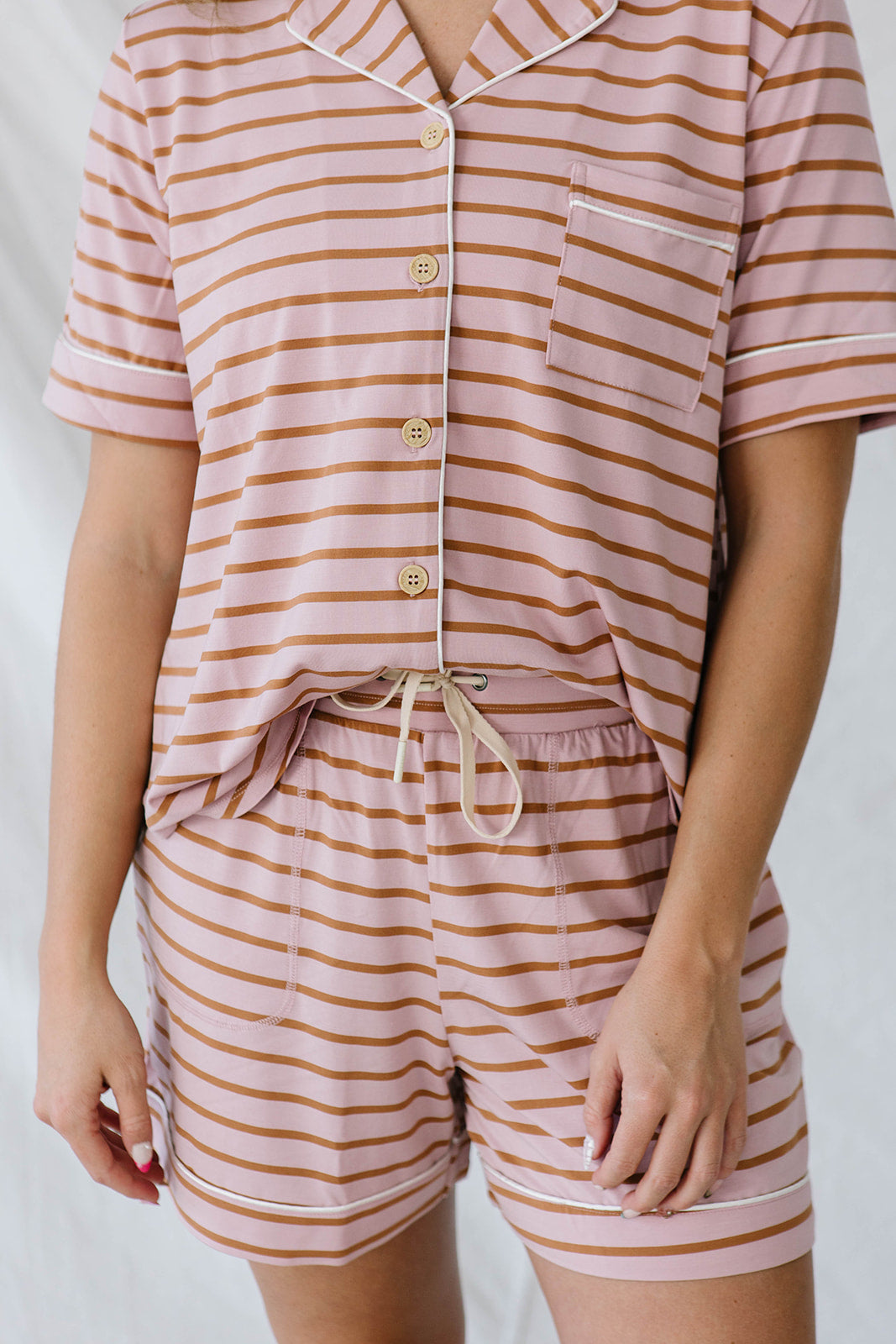 PIPED BUTTON UP SHORTS SET MODAL| Mauve & Maple Pencil Stripe