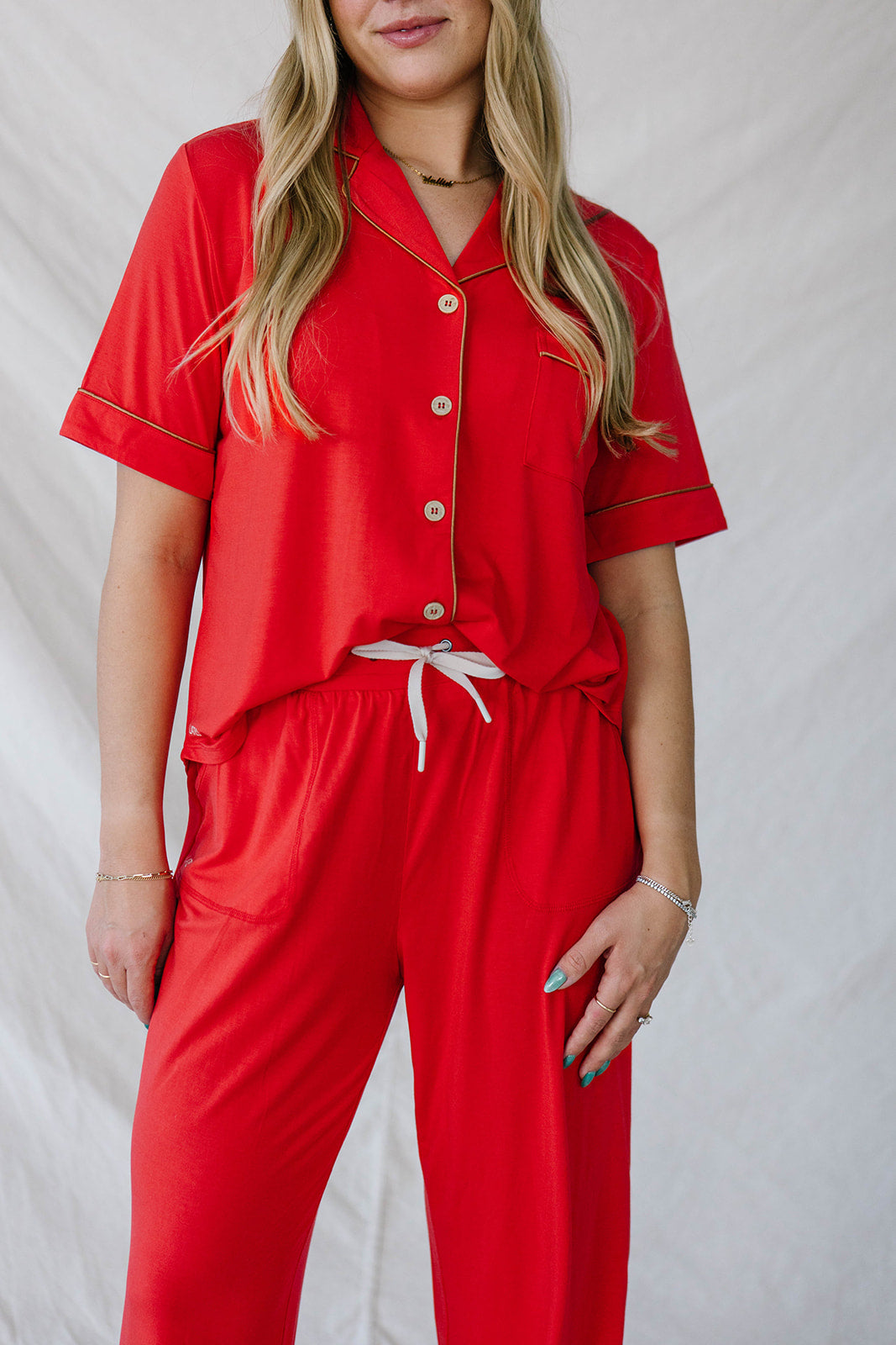 PIPED BUTTON UP PANTS SET MODAL | Valentines Red