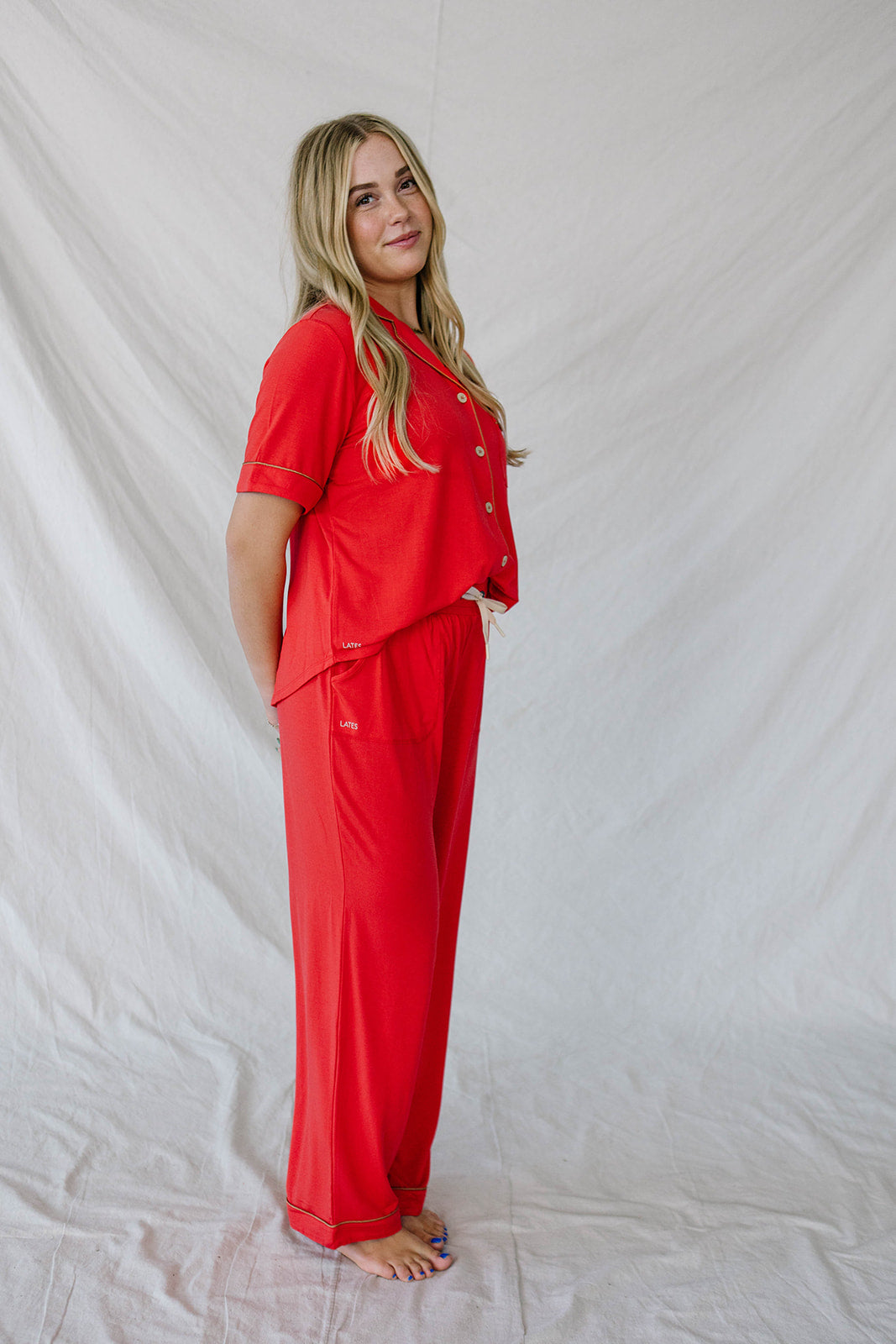 PIPED BUTTON UP PANTS SET MODAL | Valentines Red