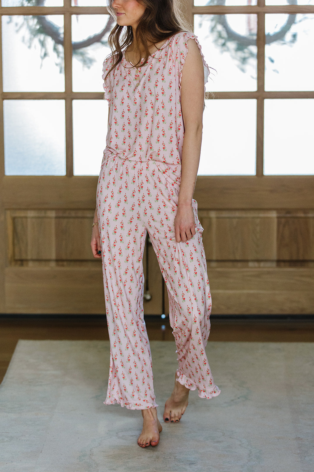 RUFFLE TANK PANT SET MODAL| Dainty Pink Rose