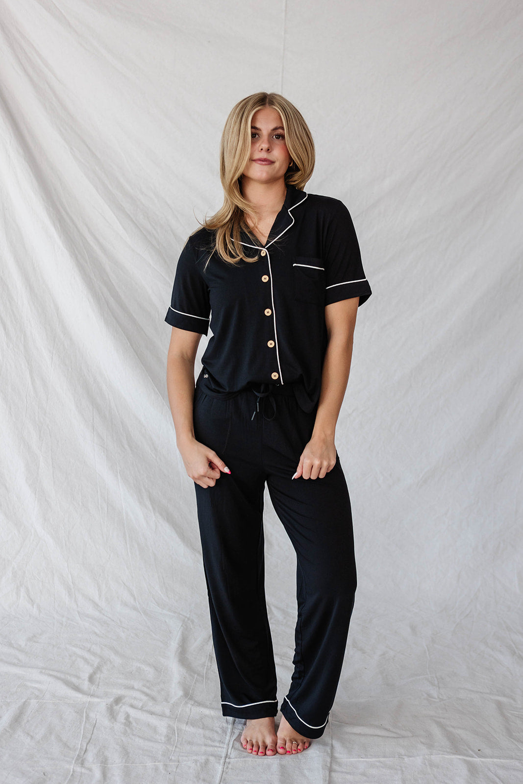 PIPED BUTTON UP PANTS SET MODAL| Black