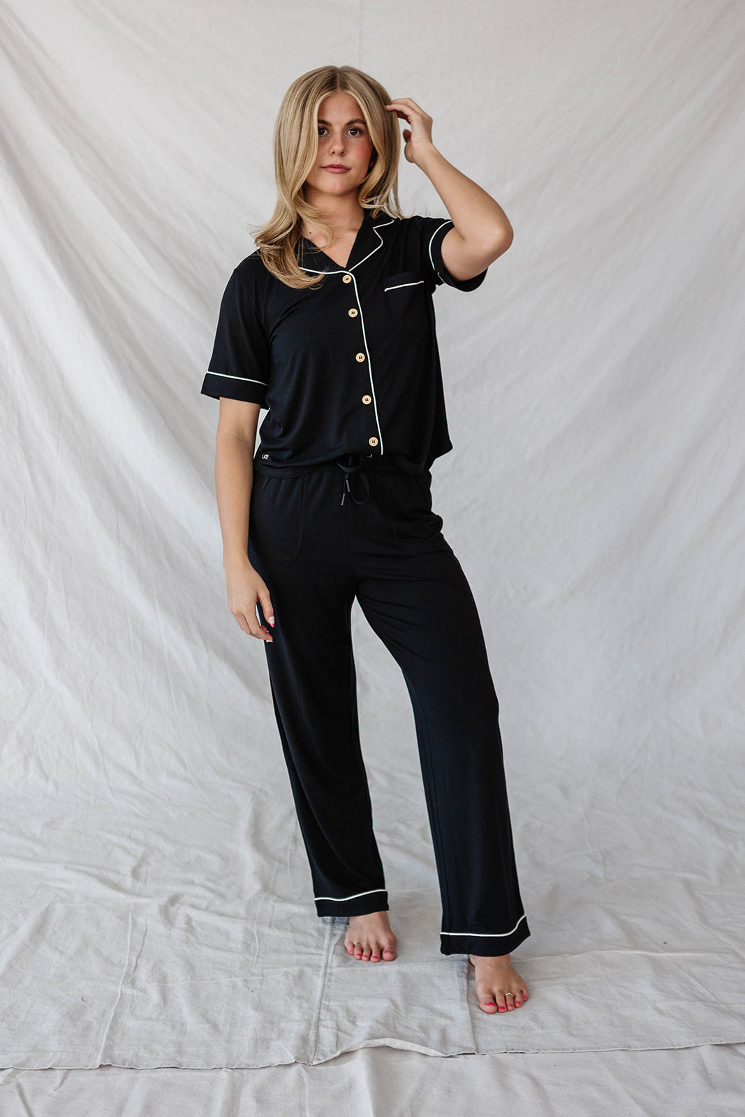 PIPED BUTTON UP PANTS SET MODAL| Black