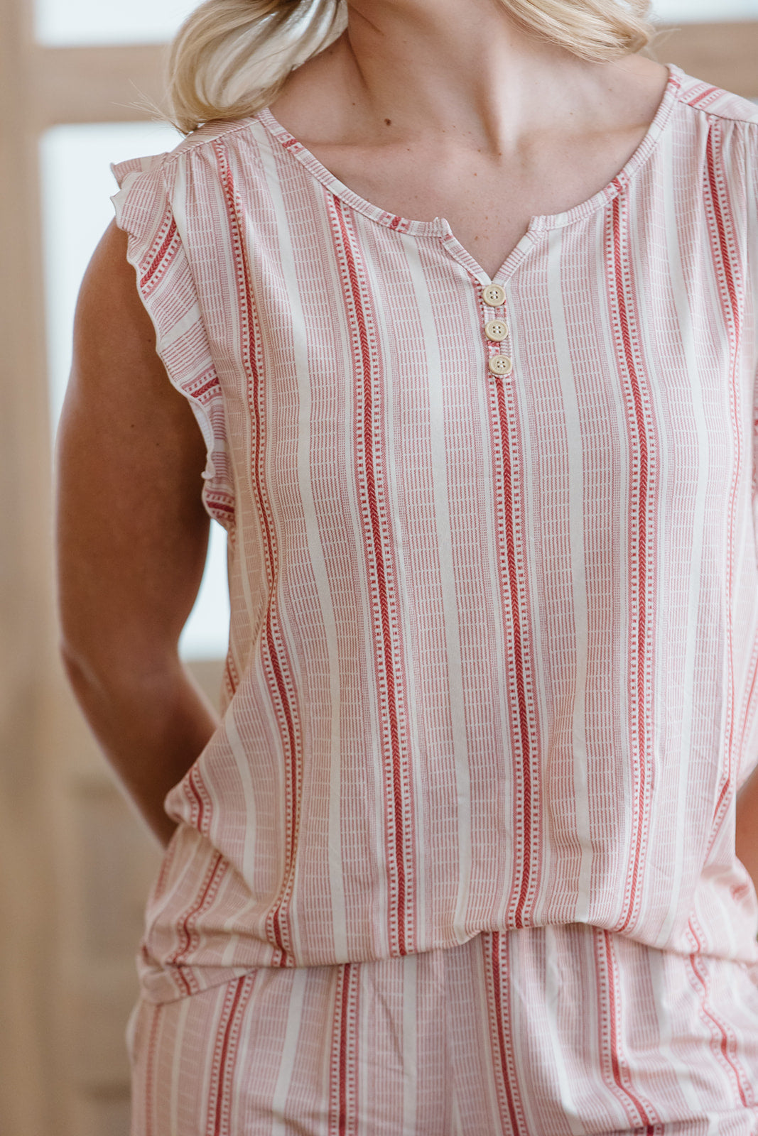 RUFFLE TANK SHORTS SET MODAL- Vintage Variegated Red Stripe